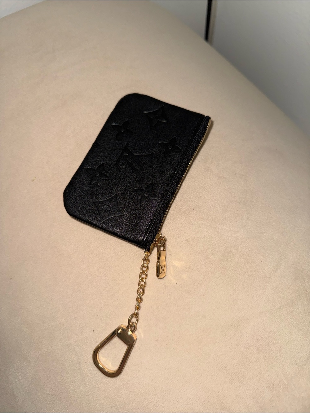 Black Monogram Zip Key Pouch with Gold Chain